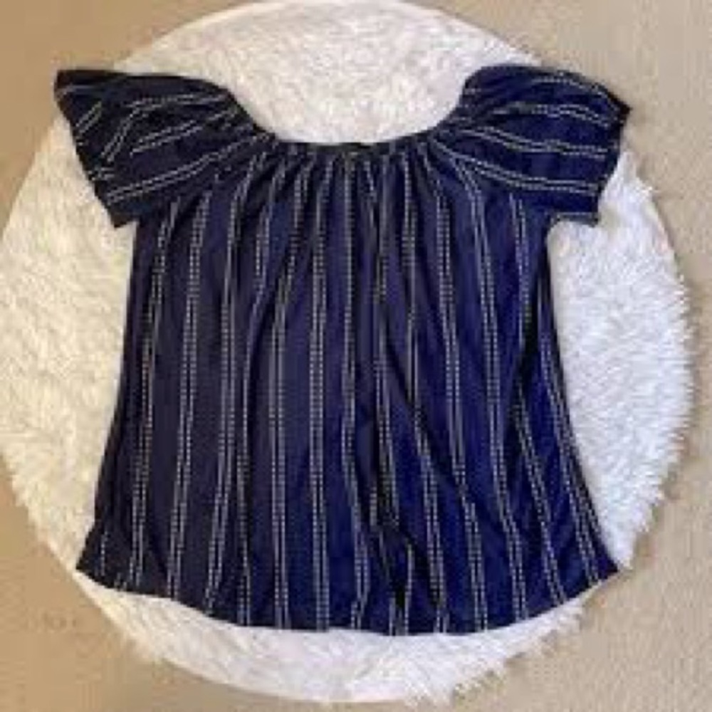 W5 Navy Blue & White Off-Shoulder Babydoll Peasant Boho Festival Blouse, L - Picture 11 of 12